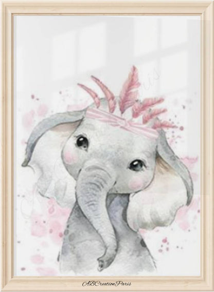 affiche éléphant chambre bébé ou enfant fille avec plumes roses