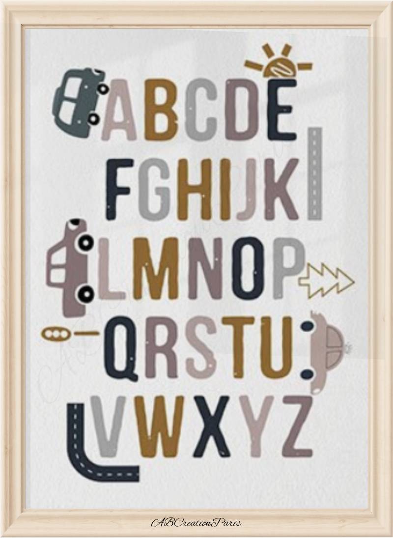 affiche alphabet, abécédaire pour chambre garçon thème voiture 