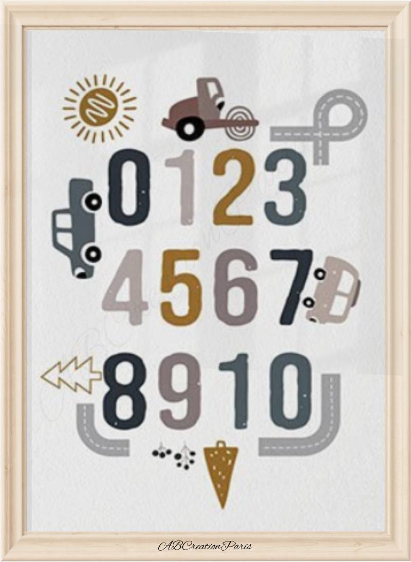 affiche éducative thème voiture nombre coloris bleu et gris