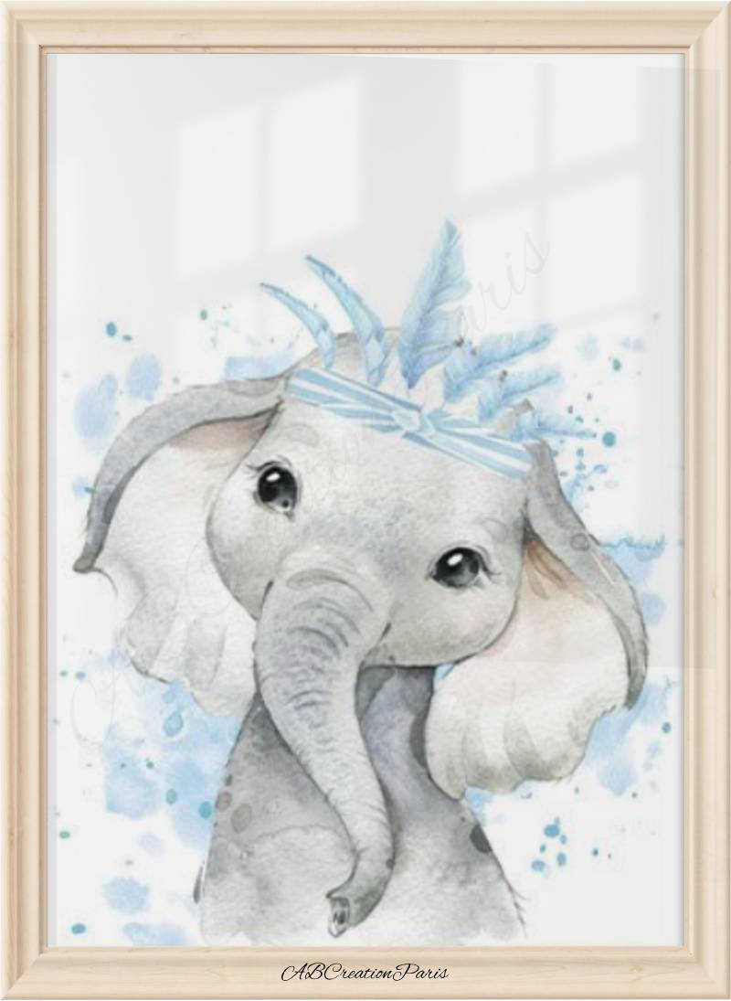 affiche éléphant plume bleu chambre bébé garçon déco murale animaux