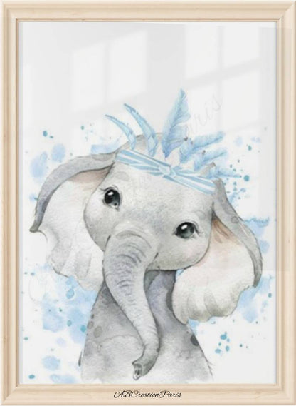 affiche éléphant plume bleu chambre bébé garçon déco murale animaux