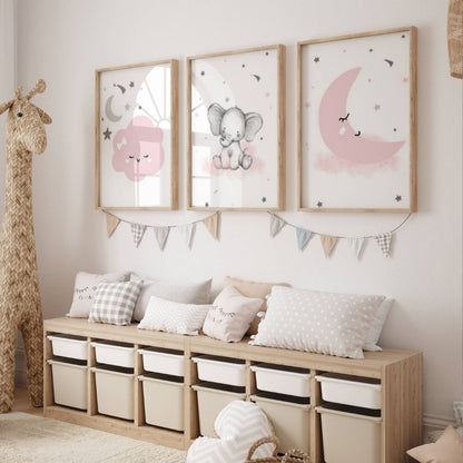 Décoration chambre bébé fille éléphant lune et nuage - Idéale pour une naissance