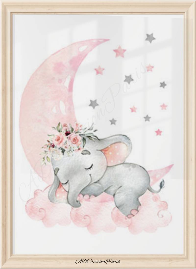 Affiche éléphant bébé fille avec lune rose – décoration murale animaux chambre enfant