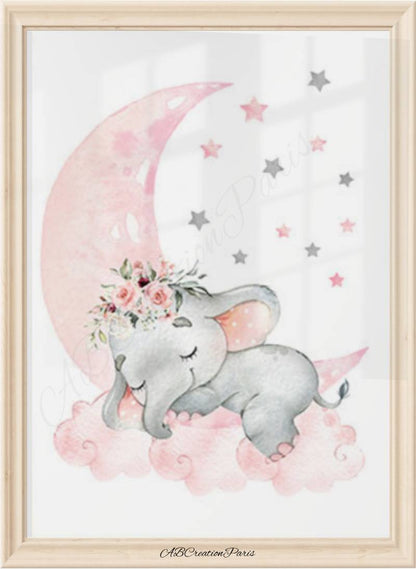 Affiche éléphant bébé fille avec lune rose – décoration murale animaux chambre enfant