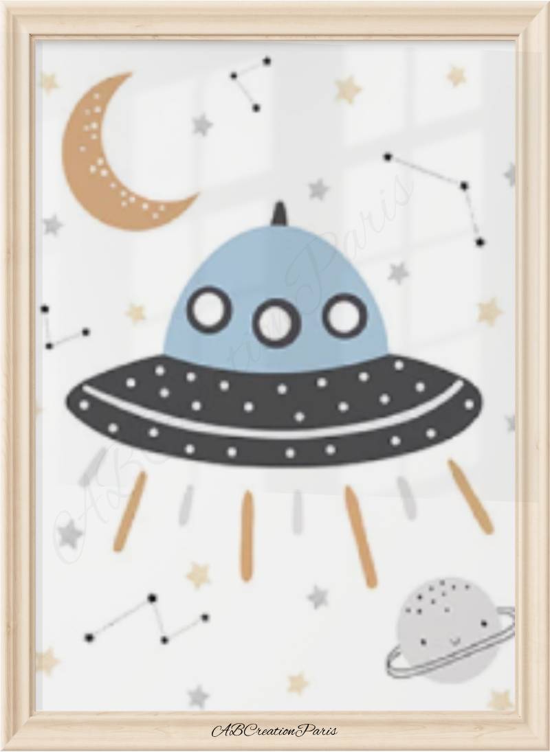 affiche murale pour chambre d'enfant représentant un vaisseau spécial dans les ton bleu et gris