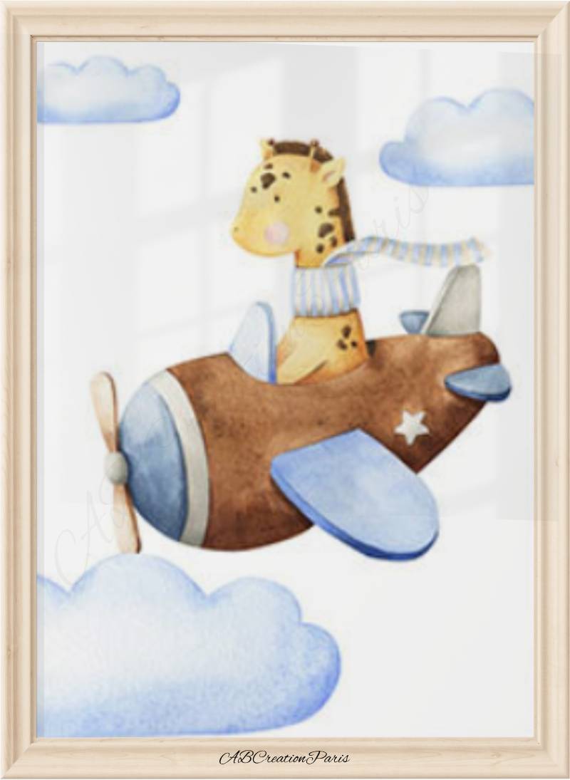 affiche girafe dans un avion pour chambre bebe garcon