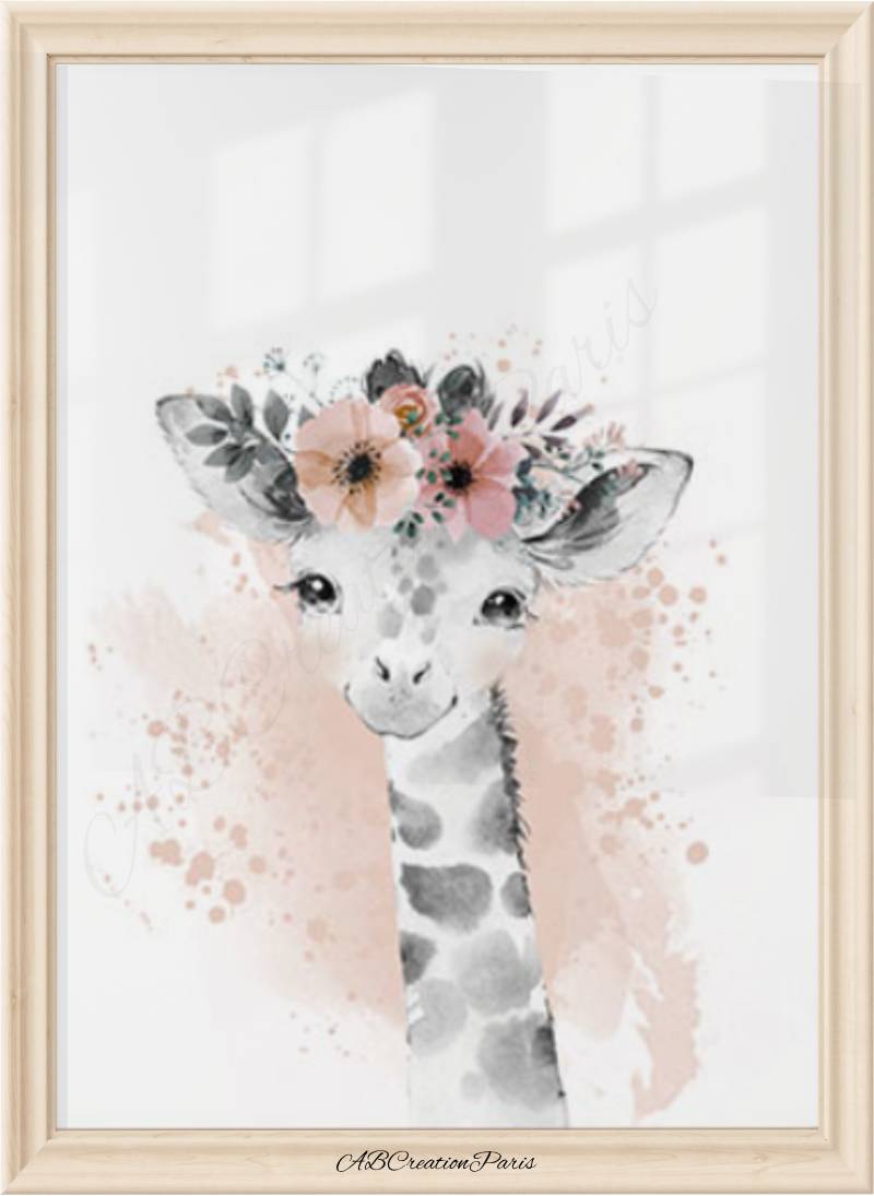 affiche petit girafe, fleur peche et fond aquarelle