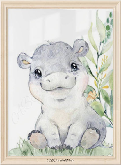 affiche représentant un petit hippopotame assis sur l'herbe