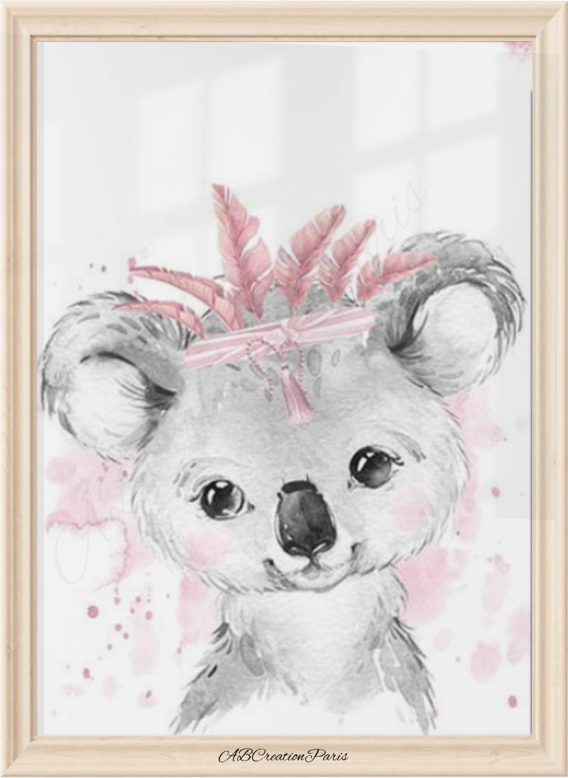 affiche koale chambre bébé ou enfant fille avec plumes roses