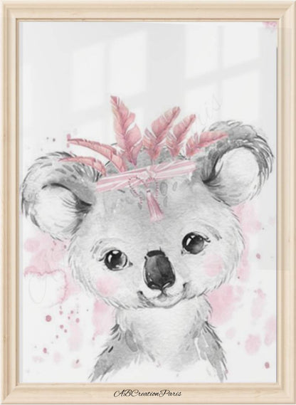 affiche koale chambre bébé ou enfant fille avec plumes roses