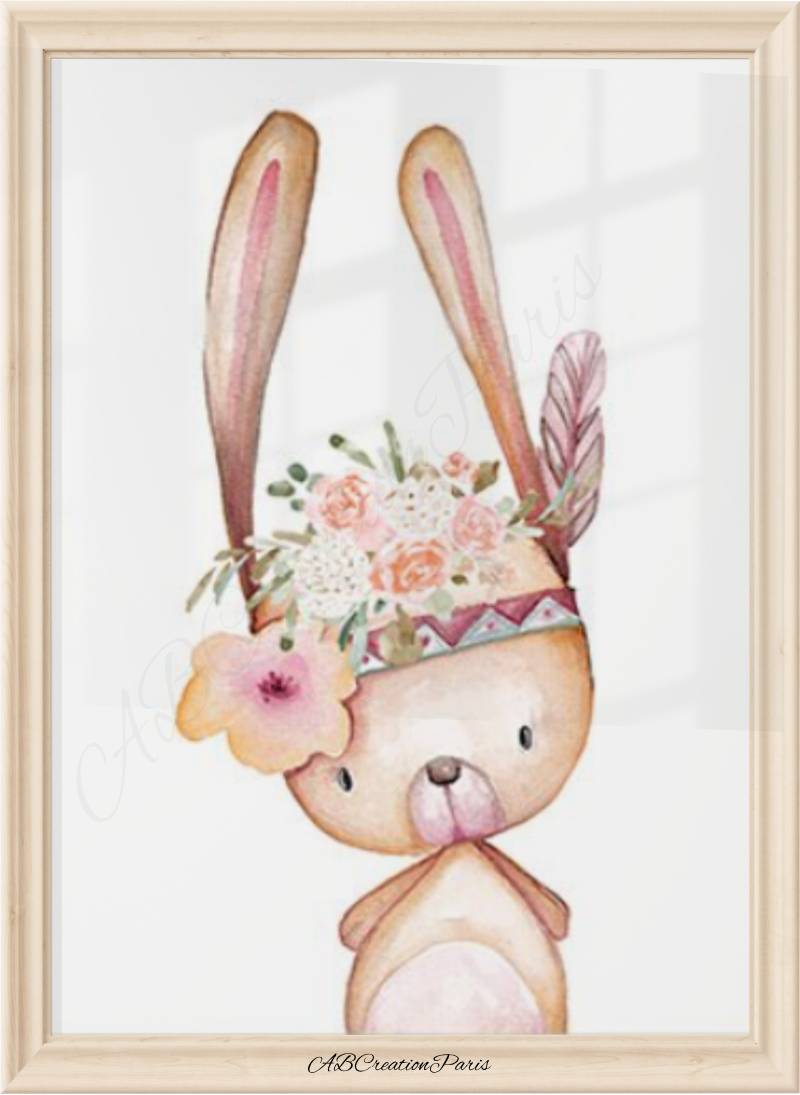 Affiche murale lapin et courone de fleur
