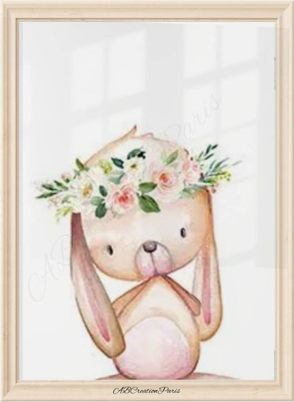 affiche lapin poser sur une étagère dans la chambre d'un bébé