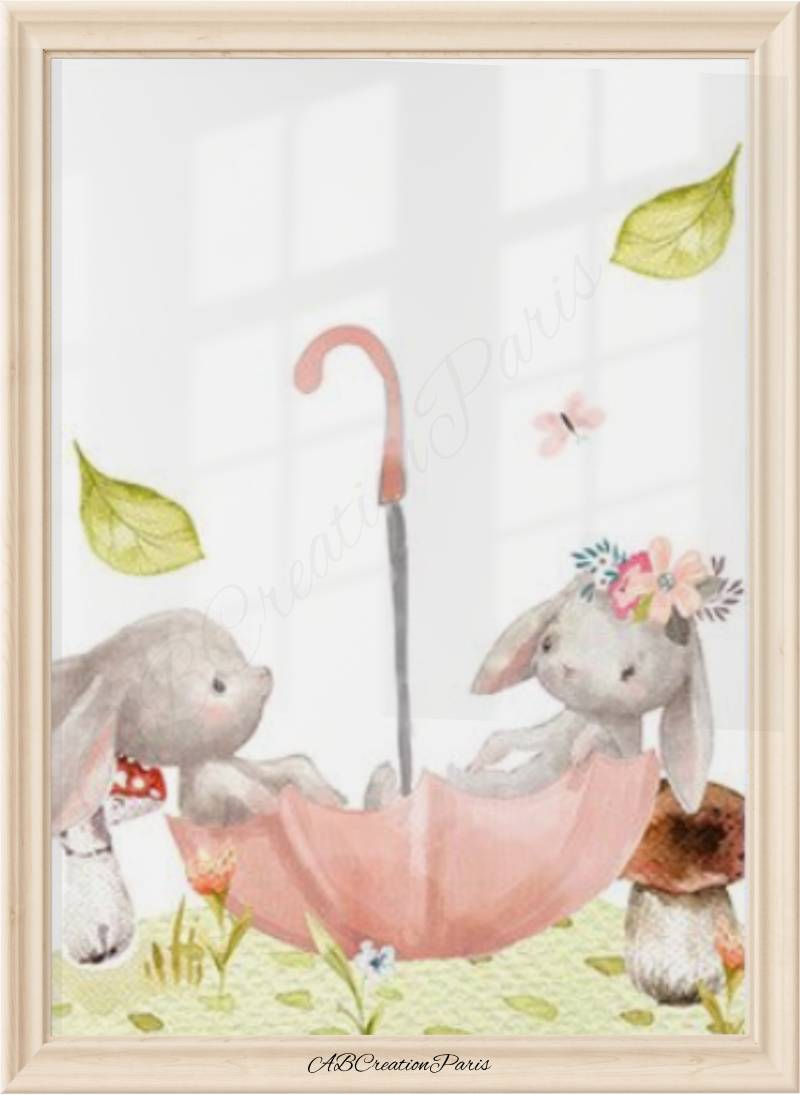 Affiche lapins dans parapluie rose – déco chambre bébé fille forêt champignons