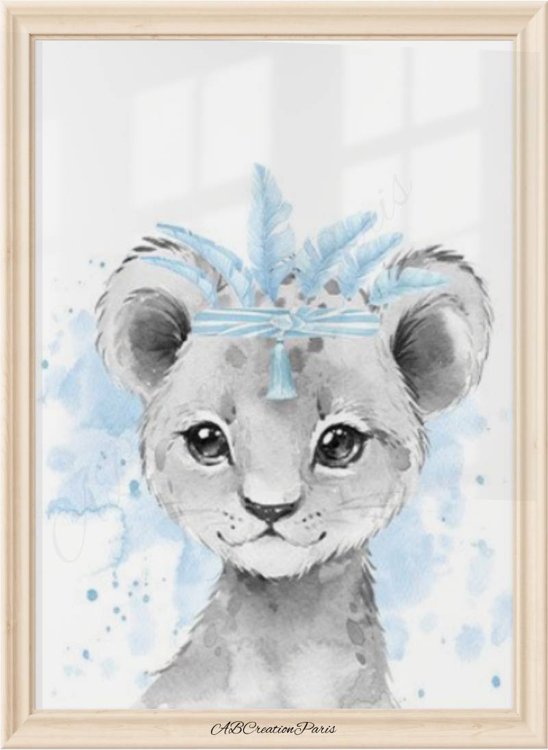 affiche lion plume bleu chambre bébé garçon déco murale animaux