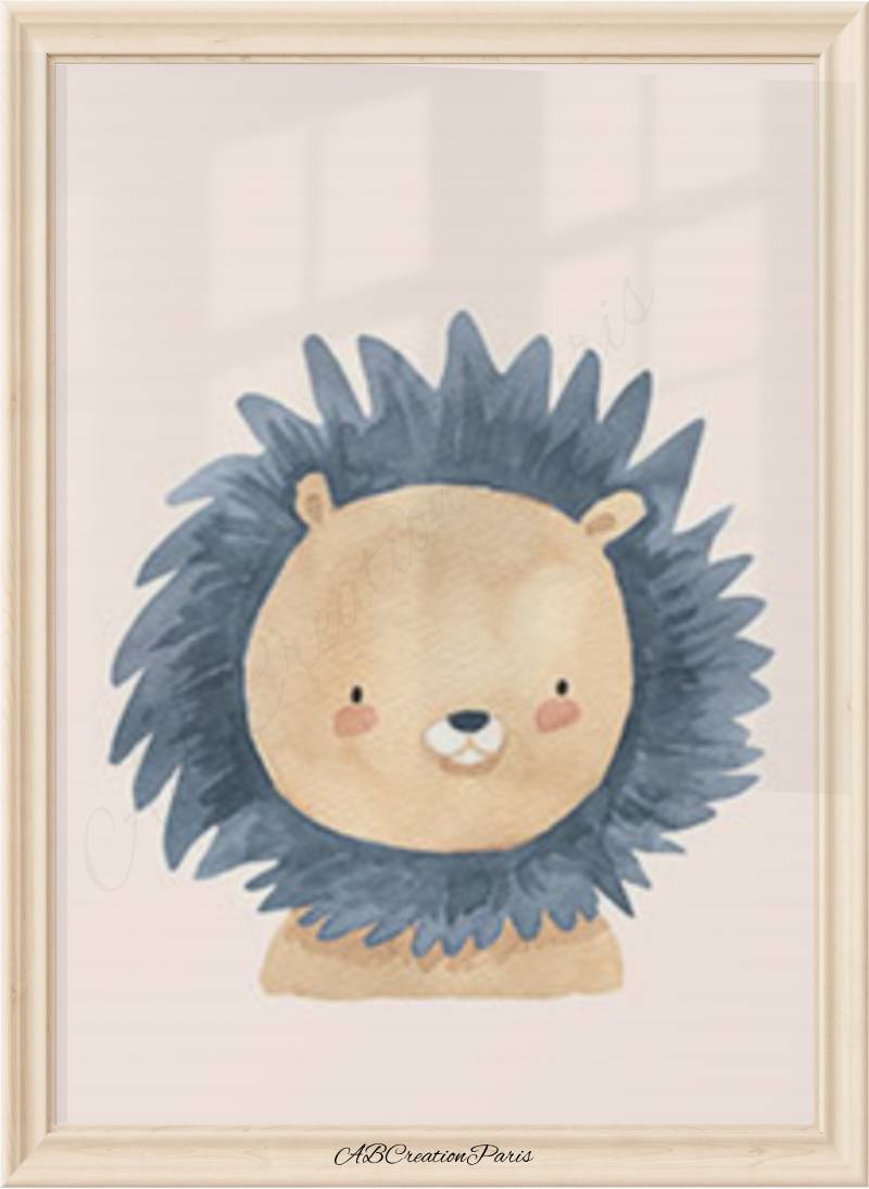 affiche chambre bebe lion crinière bleu et fond terracotta