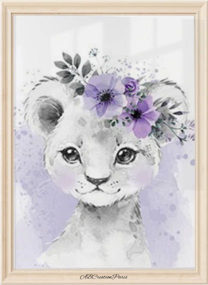 affiche lion violet bébé fille avec fleurs pour décoration murale savane douce