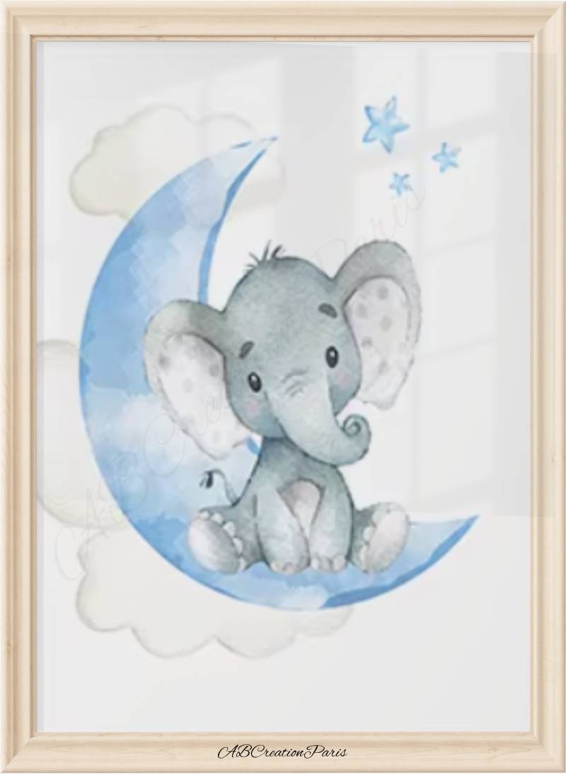 Affiche lune bleu ciel et bebe éléphant