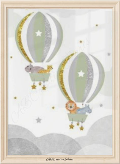 affiche montgolfière couleur verte pour chambre d'enfant