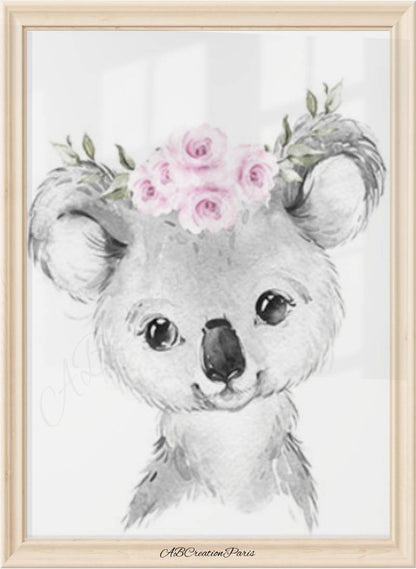 affiche chambre bébé koala et couronne de fleur rose