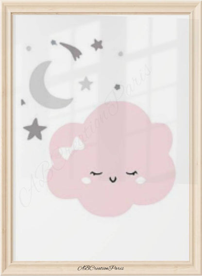 Affiche chambre bebe fille nuage rose et étoile grise