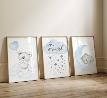 affiche ourson nuage, lune et coeur bleu pour cadeau de baptême garçon