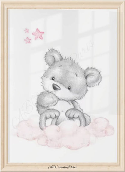 affiche ourson assis sur un nuage rose pastel