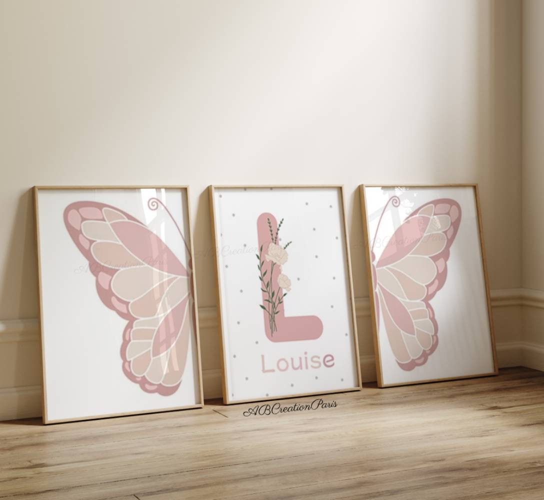 Affiche papillon  rose et prénom personnalisé pour décoration murale chambre bébé fille 