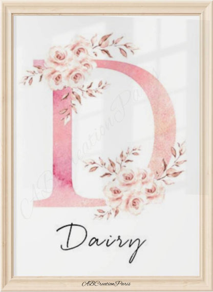  Affiche prénom avec initiale coloris rose – décoration murale personnalisée bébé fille
