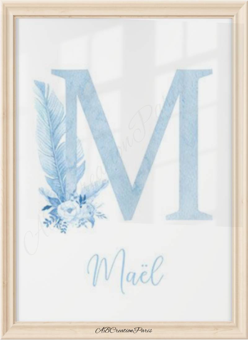affiche chambre bébé personnalisé avec prénom coloris bleu ciel