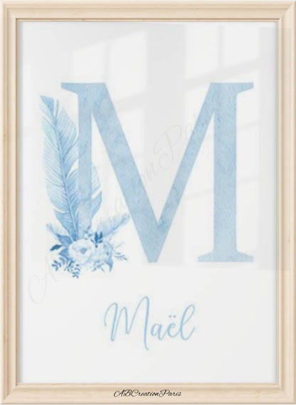 affiche chambre bébé personnalisé avec prénom coloris bleu ciel