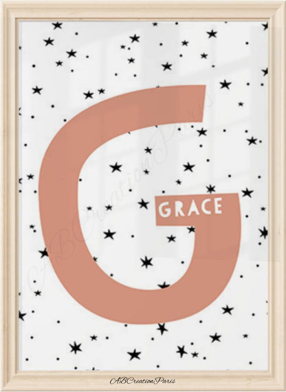 affiche prénom personnalisation avec initiale terracotta et prénom blanc