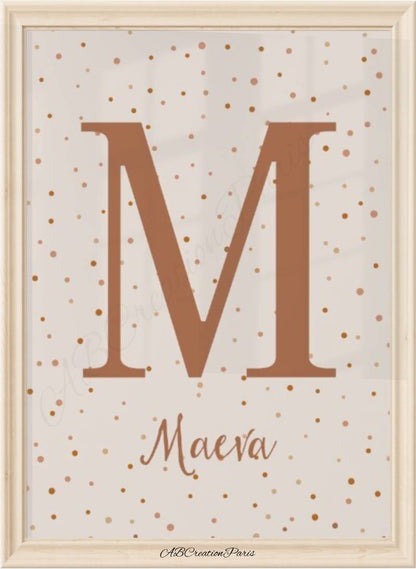 affiche initiale et prénom personnalisée ton terracotta