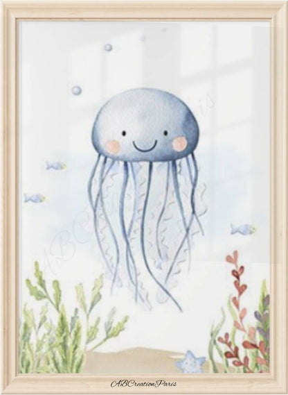 affiche theme marin pieuvre bleu