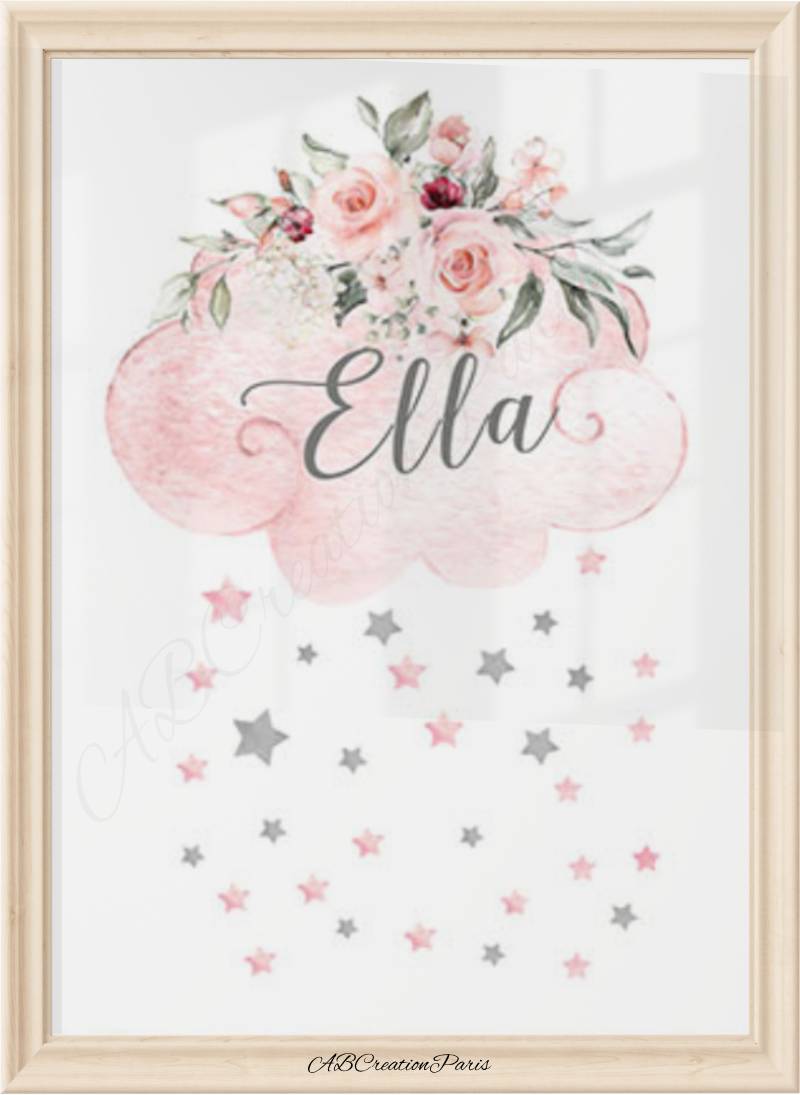 Affiche nuage prénom personnalisé fille – déco chambre bébé avec étoiles et fleurs