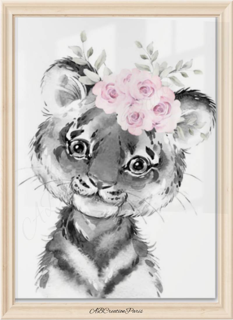affiche murale bébé tigre et couronne de fleur rose 