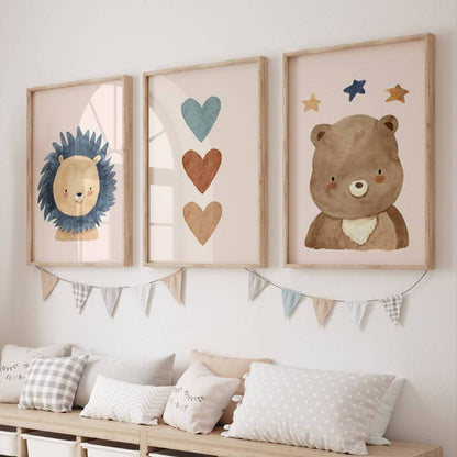 Décoration chambre enfant terracotta, affiche lion, ours et triple cœurs
