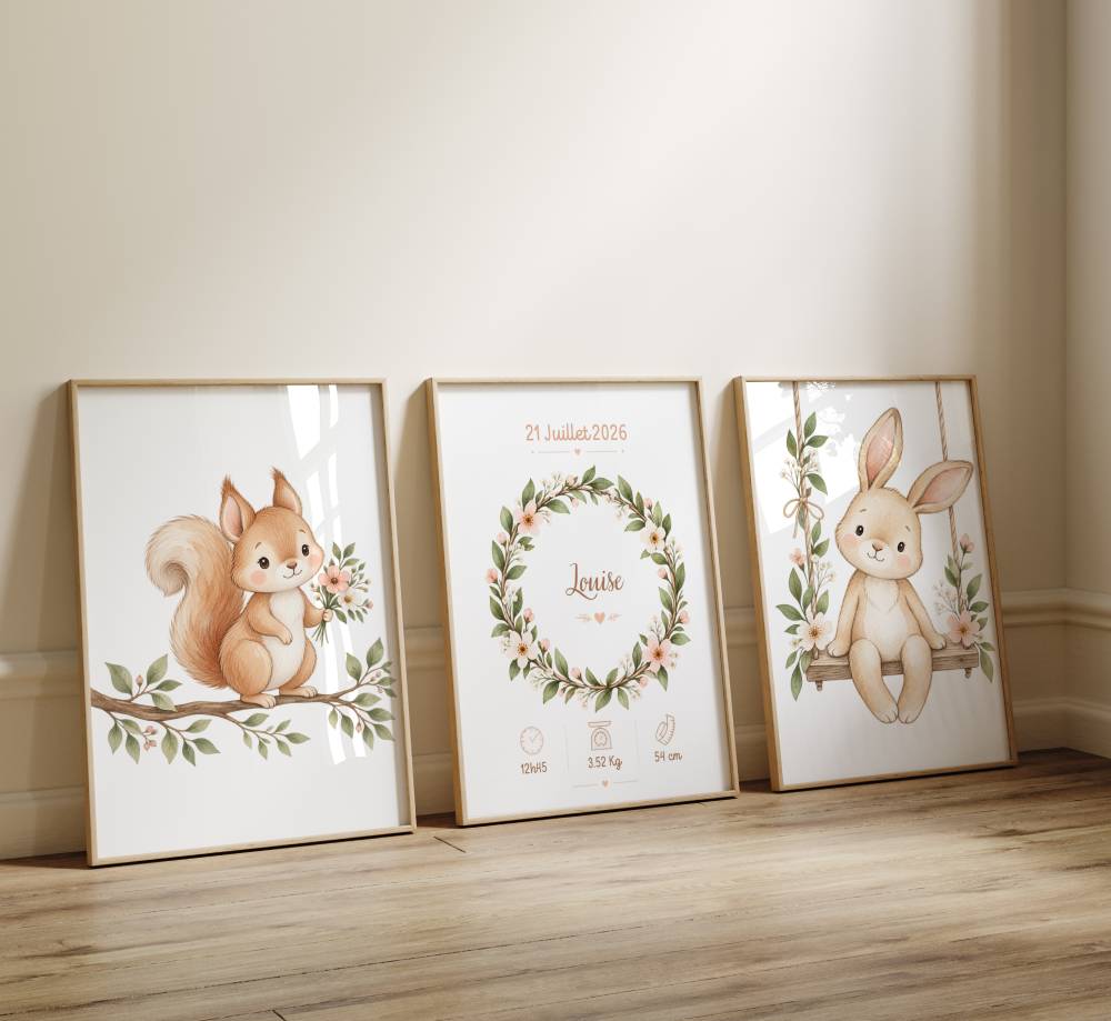 Trio d'affiche murale chambre bébé avec information de naissance et animaux de la foret