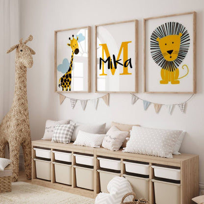 Affiches animaux chambre enfant jaune et noir – girafe lion et déco personnalisée bébé