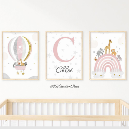 affiches montgolfière arc en ciel rose et animaux  de la savane pour chambre bébé fille