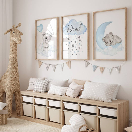 Trio d'affiche ourson personnalisé pour baptême garçon 