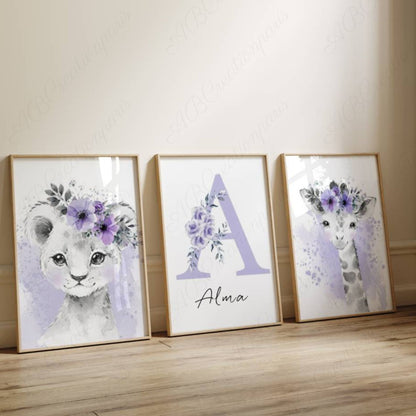 affiches animaux violets et initiale prénom pour décoration chambre bébé fille