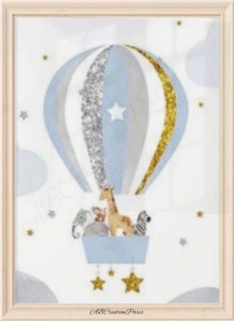 Affiche montgolfière chambre bébé garçon – animaux savane avec détails dorés et bleus