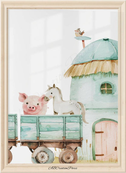 déco murale bébé tracteur vert aquarelle