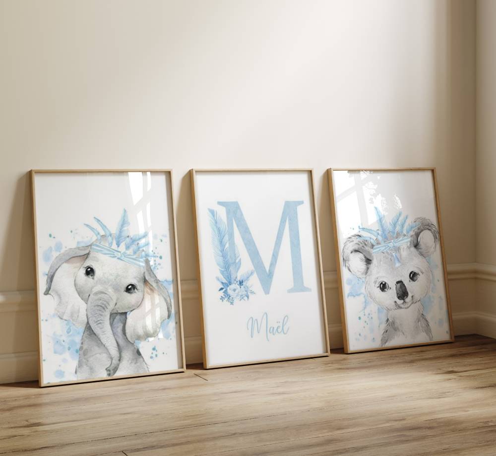 Trio d'affiche murale chambre bébé animaux de la savane bleu ciel