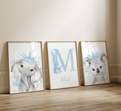 Trio d'affiche murale chambre bébé animaux de la savane bleu ciel