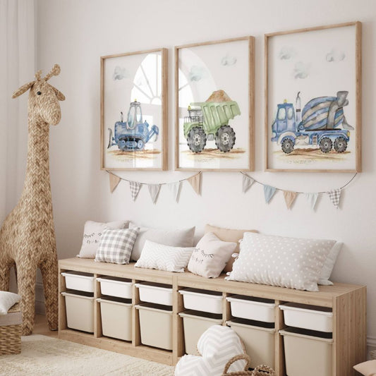 affiche enfant garcon theme vehicule de chantier aquarelle