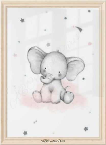 affiche petit elephant sur nuage rose pour bebe fille 1 an