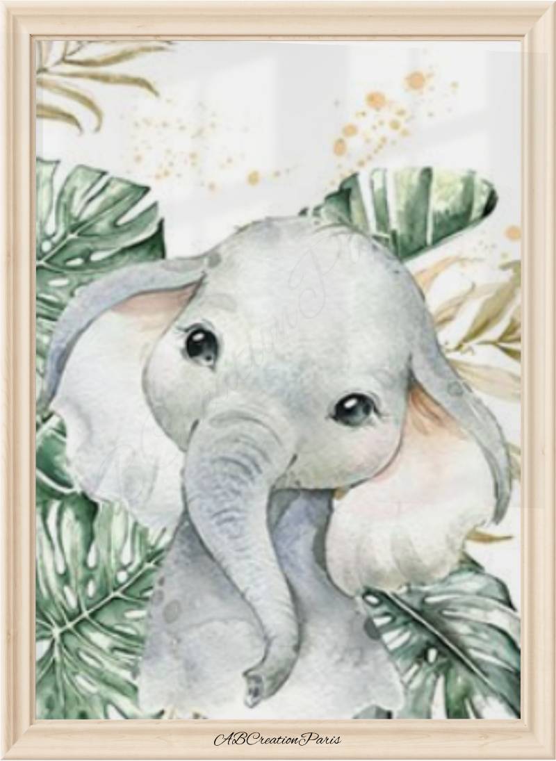 affiche representant un petit éléphant et des feuillages en arriere plan