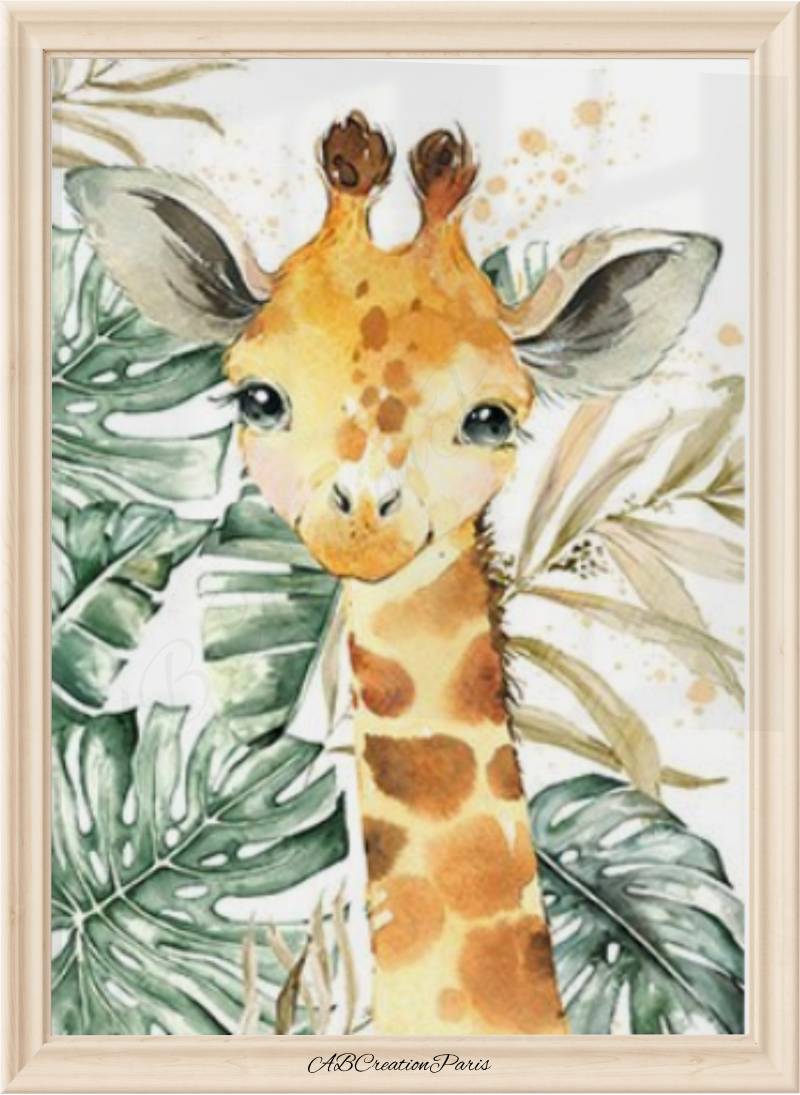affiche representant un petit girafe et des feuillages en arriere plan