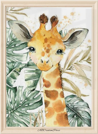 affiche representant un petit girafe et des feuillages en arriere plan